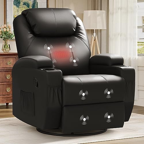 JUMMICO Recliner Chair Rocking Massage Recliner Chairs Heated Home Sofa PU Leather Ergonomic Living Room Chair Overstuffed Cushion Lounge 360 Degree Swivel and Rocking (Black)