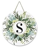 Welcome Sign for Front Door Decor,Monogram Letter S Watercolor Eucalyptus Spring Summer Rural Style 10inch Wood Door Hanger for Outdoor Outside Porch,Round Wooden Wreath Indoor Wall Hanging Decoration