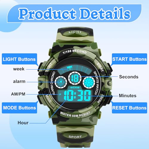Image of Edillas Kids Digital Watch 7 Colors 50M Waterproof Sport Alarm Boys 7-15 | 7 Color Lights, 50M Waterproof, Alarm, Stopwatch, Easy to Read, Comfort Strap, Great Sport Watch for Outdoor Ages 7-15