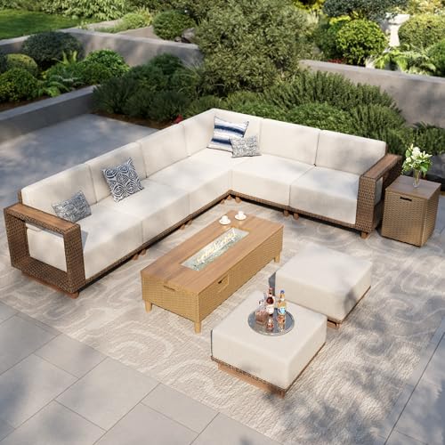 Image of MIXPATIO Patio Sectional Furniture with Fire Pit, 9 Pieces Outdoor Wicker Sofa Set, Yellow Rattan Modular Conversation Sets with 10 inch Thick Cushions, L Shape Low Profile Lawn Deck Garden Furniture