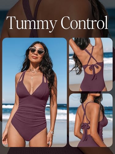 Image of CUPSHE Women's One Piece Swimsuit Tummy Control Deep V Neck Double Straps Crisscross Back Tie Bathing Suit