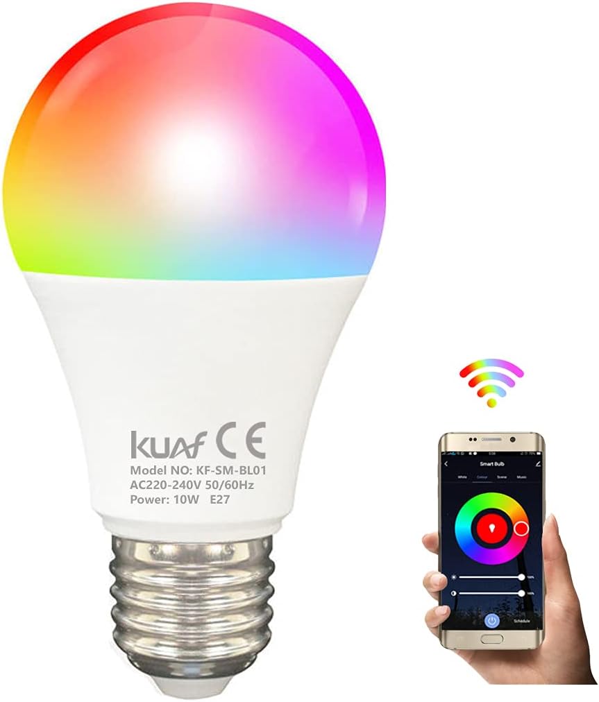 KUAF Smart LED Bulb E27 WiFi & Bluetooth Controlled, Works with Amazon Alexa and Google Home Devices, Music Sync Color Changing Light Bulb, No Hub Required.