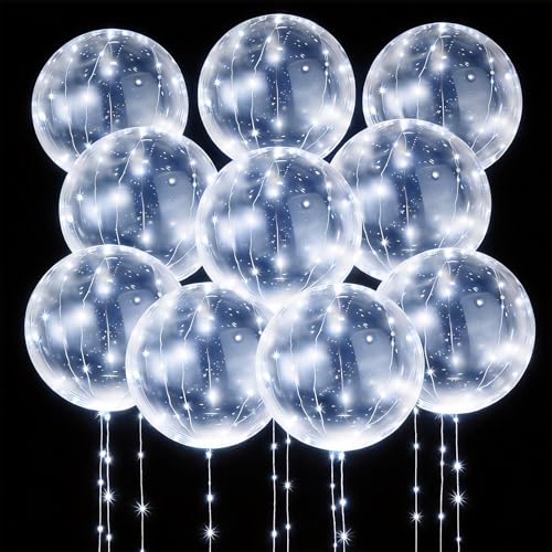 Paquete de 10 Globos LED Bobo, Transparentes y Brillantes Con Cadena de Luces Para Fiestas, Cumpleaños, Bodas, Decoraciones de Quinceañera (Blanco Frío)
