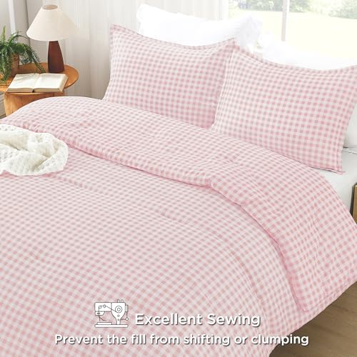 Image of Andency Pink Gingham Comforter Set Full(79x90Inch), Blush Checkered Grid Plaid Buffalo Bed Set for Girls Boys Kids Teens, 3 Pieces Lightweight Polyester Geometric Preppy Bedding
