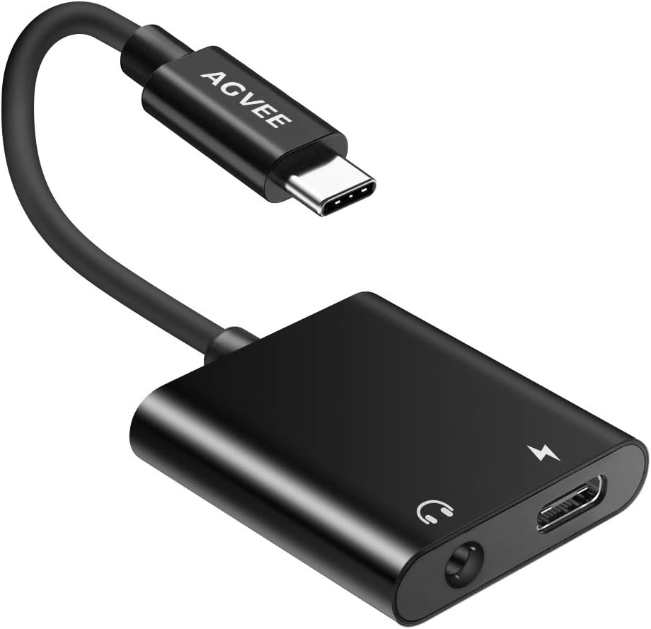 AGVEE 2-in-1 USB-C to 3.5mm Microphone Headphone Adapter, Type-C Mic AUX Earbud Splitter, USBC Audio Earphone Converter, PD 27W Charger Dongle for Samsung S21 S20 Note 20/10, iPad Pro, Pixel, Black