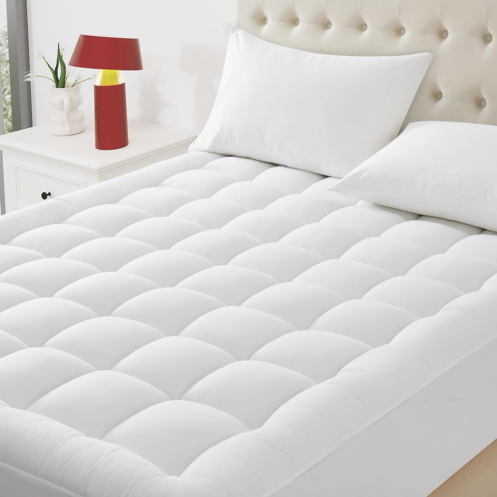 WQSPRING Quilted Mattress Pad Pillow Top Mattress Cover Protector Cooling Soft for Breathable Padded Fitted 8"-21" Deep Pocket Supportive(White,King
