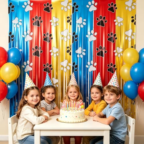 Image of TONIFUL 2Pc Blue Red Yellow Paw Pattern Metallic Tinsel Foil Fringe Curtain | 3.3ftx6.6ft Photo Booth Backdrop Door Tinsel Streamers, Props for Dog Birthday Baby Shower Puppy Party Decorations