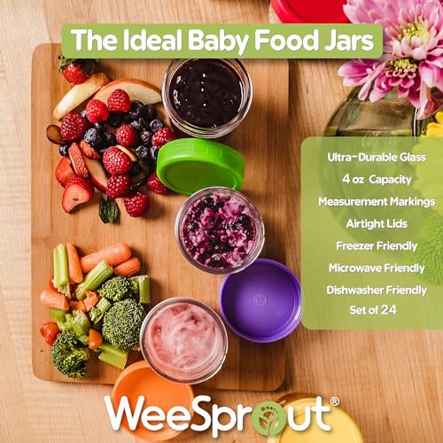 image for WeeSprout Baby Food Storage Glass Jars w/Lids (4 oz, 24 Pack) Bright V