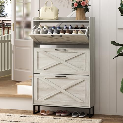 Image of Maupvit Shoe Storage Cabinet with 3 Flip Drawers, Freestanding Organizer with Metal Legs for Entryway, Narrow Shoe Rack Cabinet, Beige