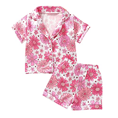 Qiylii 1-6Y Toddler Girls Floral Silk Pajamas Short Sleeve Button-Up Top Shorts Summer 2PC Flowers Satin Pajamas Set (Floral#1 7T)