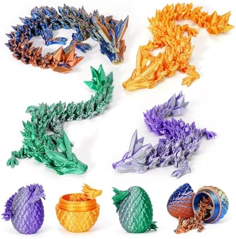 4Pcs 3D Printed Dragon Eggs with Dragon Inside Articulated Animals Cool Crystal 3D Print Dinosaur Toy Dino Eggs for Boys Girls Home Decor