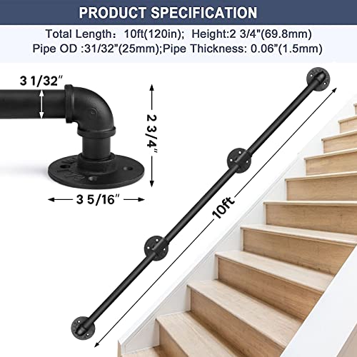 Seeutek Staircase Handrails 10Ft Handrails For Indoor Stairs Stair Railing Hand Railings For Stairs Metal Railing Black Wrought Iron Pipe Handrail With Wall Mount Support #TOP2