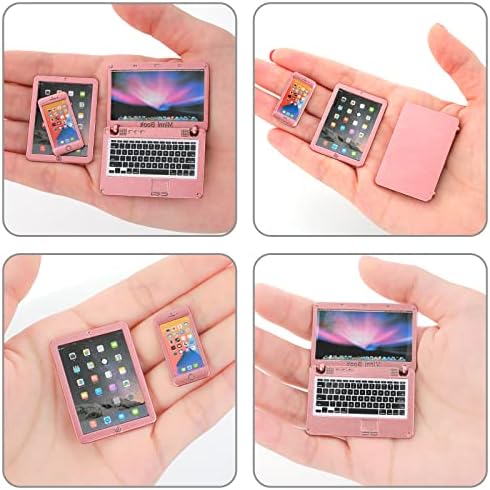 cobee 1:12 Mini Laptop Set,3pcs/set Mini Metal Laptop Tablet Smartphone Scene Simulation Accessories Dolls House Furniture Doll Accessories Play Set (Rose Gold)