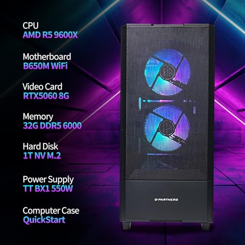 Image of Gaming Desktop PC AMD R5 9600X 3.7GHz, GeForce RTX 5060 8GB GDDR6, 32GB DDR5 6000MHz RAM, 1TB NVMe SSD, 240mm Liquid Cooler, 7 ARGB Fans, Wi-Fi,Prebuilt Gaming Computer