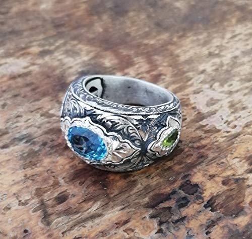 Handmade Hand Carved 925K Sterling Silver Mens Ring With Aquamarine & Peridot Stone Rp1195 #TOP1
