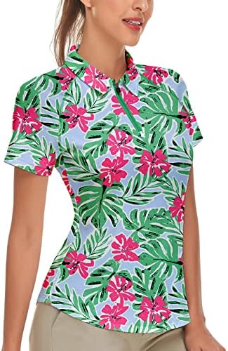 Women's Golf Polo - Moisture Wicking Half Zip Printed Collared Shirts for Women Leaf Green