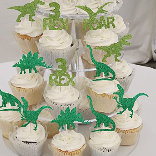 24 Pack Dinosaur Cupcake Toppers Glitter 3 Rex Roar Dinosaur Cupcake Picks Three Years Old Dino Theme Baby Shower Third Birthday Party Cake Decorations Supplies Green #TOP5