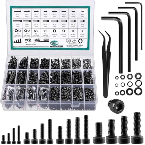 KUGONTC Metric Screw Assortment, 2020PCS Metric Bolt Assortment Kit M2 M3 M4 M5 Machine Screws with Lock & Flat Washers, Grade 10.9 Alloy Steel Hex Socket Button Head Black Screws Nuts and Bolts Kit