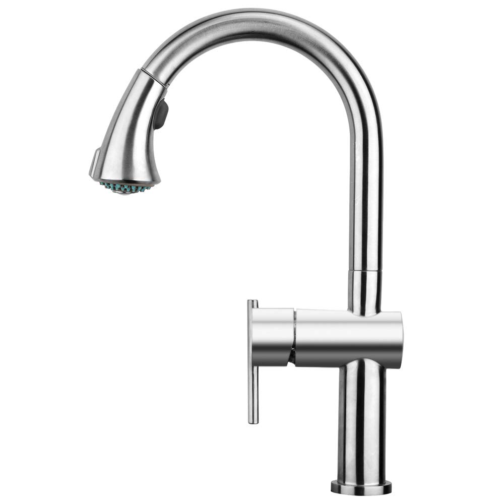 Bіg Sаlе Whitehaus Collection WHS1971-SK-BSS Lead Free, Solid Stainless Steel Single-Hole Faucet with Gooseneck Swivel Spout and Pull Down Spray Head, Brushed Stainless Steel