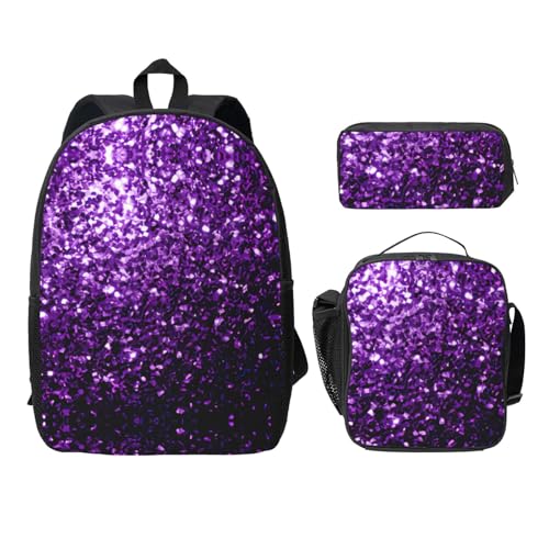 Sac à dos d'école léger anti-mal de dos ensemble 3 pièces violet imprimé paillettes