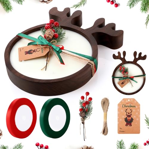 Potchen 1 Set Wooden Christmas Bowl Candle Gifts 14oz Large Rustic Wood Christmas Dough Bowl Candle with Berries Pine Label for Xmas Farmhouse Table Centerpiece Decor, 11.81 x 9.84 in(Reindeer)