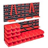 GeenYuu Kit de bacs de stockage rouge et noir 103 pièces avec panneaux muraux, étagère empilable pour garage atelier bricolage, rangement outils, quincaillerie, accessoires et matériel