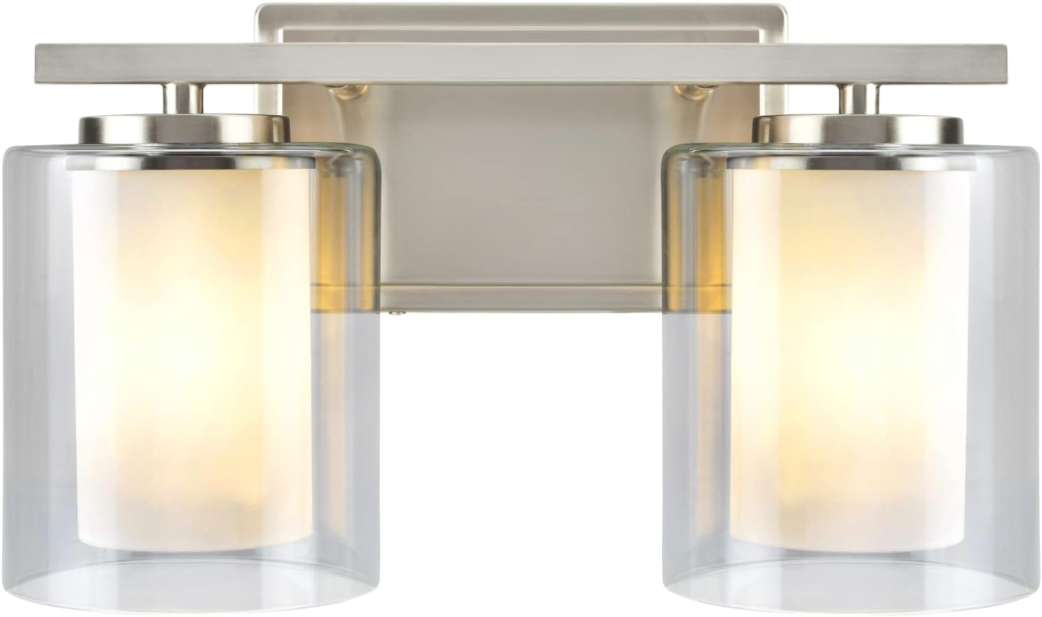 Aspen Creative 62102A, Two-Light Metal Bathroom Vanity Wall Light Fixture, 13 1/2" Wide, Transitional Design in Satin Nickel with Clear Glass Shade