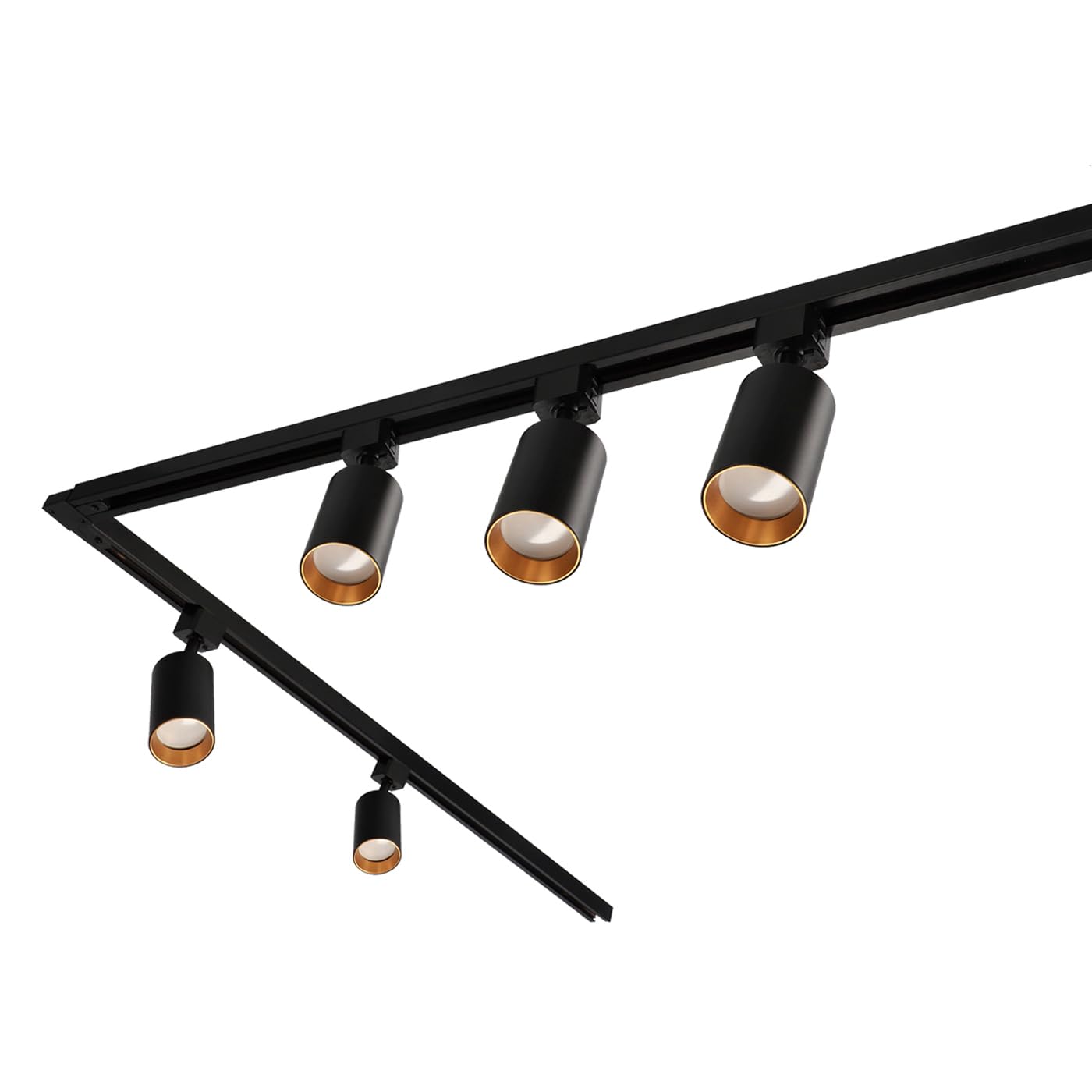EDO - SEVA Schienensystem Komplettset Rail - Schienenset Schwarz – 1-phasige Schiene 1.9m +1.9m+ 5x Schienenstrahler NALGA Tc GU10 Black Gold +Netzteil 230V +Endkappe +Verbinder, Schienenbeleuchtung