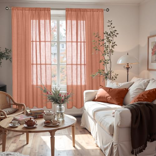 Image of BGment Terracotta Linen Curtains 72 Inches Long for Living Room, Semi Sheer Window Drapes Rustic Textured for Bedroom Dining Room Decor with Rod Pocket Lightweight, 2 Panels Set, Each 52 Inch Wide