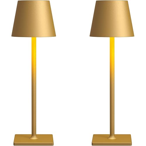 2 Pack Rechargeable Table Lamps, Gold Cordless Lamps - Battery Operated Touch Lamp, Outdoor Table Lights, Waterproof, Wireless, Portable Desk Lamp for Restaurant, Bedroom, Patio(Gold)
