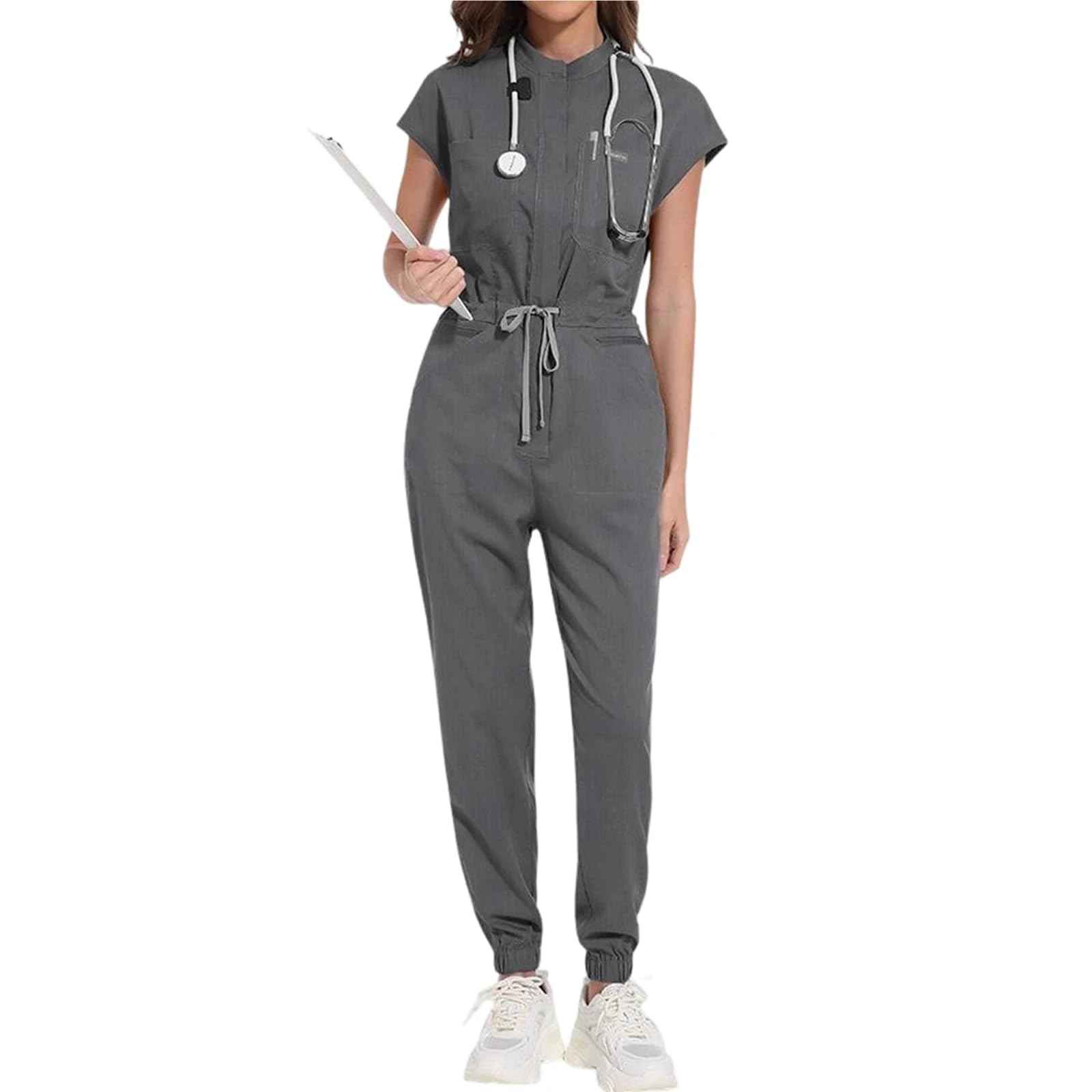 Mono de Enfermera for Mujer, Cuello levantado, sin Mangas, cordón en la Cintura, Uniforme médico con múltiples Bolsillos, Ropa Trabajo for el Cuidado Salud