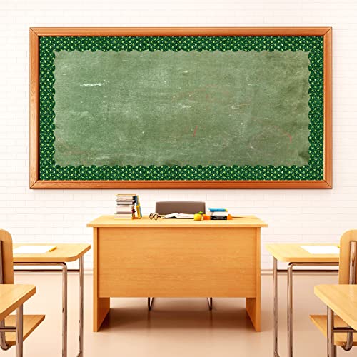 Image of Whaline 69 Ft St. Patrick's Day Glitter Bulletin Board Borders 5 Designs Shine Green Shamrock Clover Stripe Dot Border Trim Bulletin Board Stickers for Classroom Office Irish Party Decor