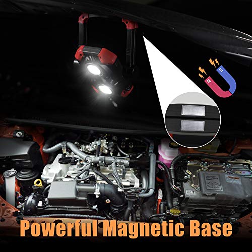 LED Work Light Rechargeable, 2 COB 2500LM Folding Portable Flood Light with Magnetic Base and 360° Rotation Stand, Waterproof Spotlights for Camping, Car Repairing, Emergency and Job Site Lighting