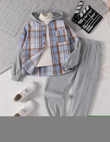 Image of 2Pcs Boys Clothes Sweatsuit Set Hoodie Flannel Plaid Shirt and Jogger Pants for Kids Fall Winter Spring Outfits