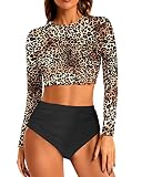 Yonique Damen Langarm-Badeanzug, Rashguard, Schwimmshirt, bauchfreies Badeoberteil mit Shorts, zweiteiliger Badeanzug, Leopard, Medium