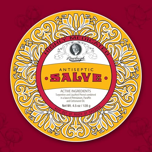 Rawleigh Antiseptic Salve Iconic Yellow Big Tin: 4.5 oz, Natural, Multi-Purpose Ointment Soothes Skin Cuts, Bruises, Irritations, with Turpentine, Phenol, Cottonseed Oil, Original Formula - Pack of 1