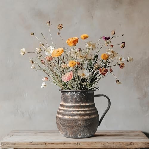 Chadechimo Rustic Metal Farmhouse Vase Shabby Chic Small Pitcher Fall Vase Brown Decorative Vase for Farmhouse Kitchen Decor