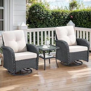 Outdoor Swivel Glider Rocker Chairs 3 Piece Patio Furniture Set Patio Bistro Sets with Tempered Glass Side Table for Balcony Porch Black Wicker Cream Cushion