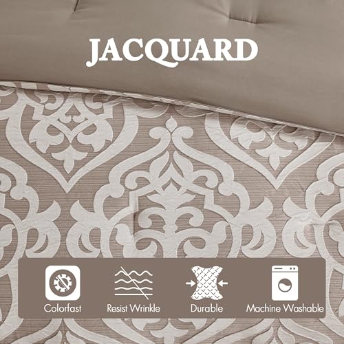 Image of Madison Park Odette Cozy Comforter Set Jacquard Damask Medallion Design - Modern All Season, Down Alternative Bedding, Shams, Decorative Pillows, Queen(90 in x 90 in), Tan 8 Piece