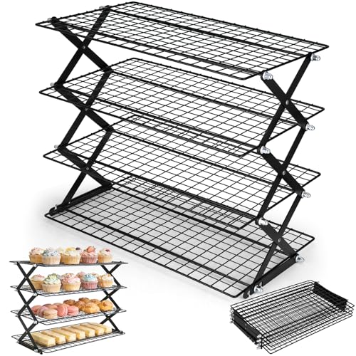 Enhanced 4-Tier Collapsible Cooling Rack for Baking - Adjustable Stackable Wire Racks for Cookies, Cakes, Roasting, and More