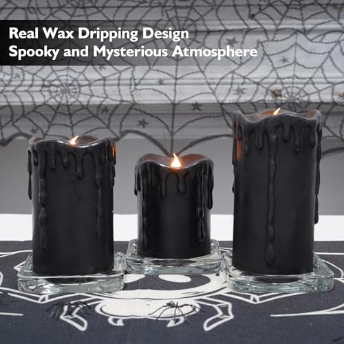Image of Rhytsing Set of 3 Black Flameless Pillar Candles Real Wax Dripping Design, Battery Operated Led Candles with Timer for Halloween, 6 Batteries Included