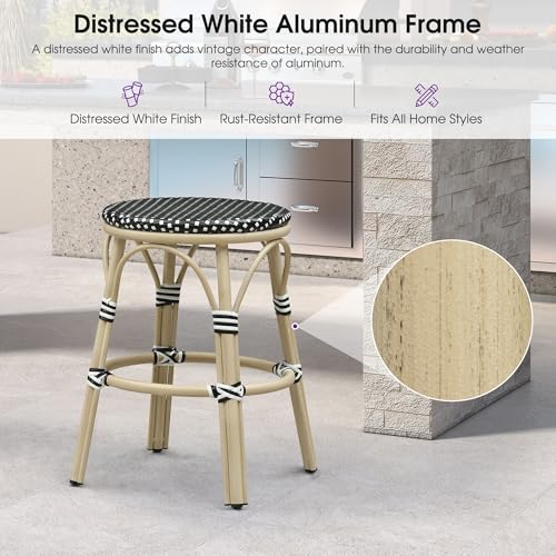 Image of PURPLE LEAF Patio French Round Counter Stool Set of 2 Large Seat 26 inch Rattan Armless Stackable Barstools Rattan Wicker with White Print Aluminum Footrest Indoor Outdoor Kitchen Cafe Black