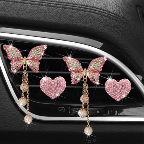 Pink Heart & Butterfly Air Vent Clips, 4 Pcs Bling Heart & Butterfly Air Fresheners Vents Clips Diamond Car Interior Decor Bling Cute Pink Car Accessories Decoration for Women + Heart Mask Hook - Thumbnail 4