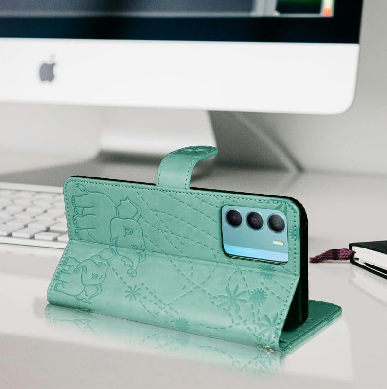 Image of amazon basics Redmi Note 15 5G Flip Cover | Card Pockets Wallet & Stand | Flip Cover for Redmi Note 15 5G (Green Elephant)