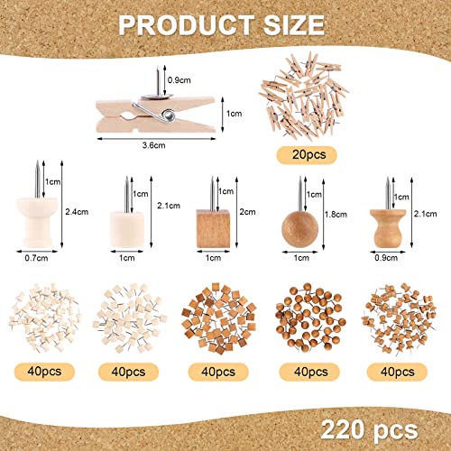 220 Stück Holz Pinnadeln, Reißnägel Mit Kunststoffbox, Stahlnagel für Korkplatte, Rundkopf für Korktafel, Landkarte, Fotos, Kalender, Handwerke (6 Typ)