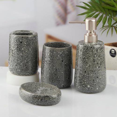 Image of Kookee Ceramic Bathroom Accessories Set 4 Piece - Soap Dispenser, Toothbrush Holder, Tumbler & Soap Dish | Modern Grey Countertop Decor for Home & Guest Bathroom (10384)