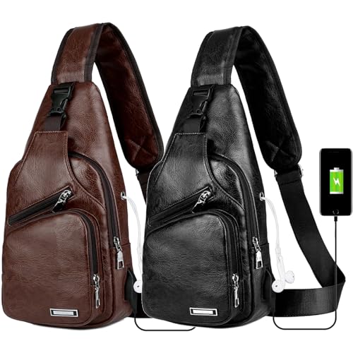 Peicees Pack of 2 Medium Leather Sling Bag Mens Crossbody Bag Chest Bag Sling Backpack for Men with USB Charge Port, Dark Brown&Black