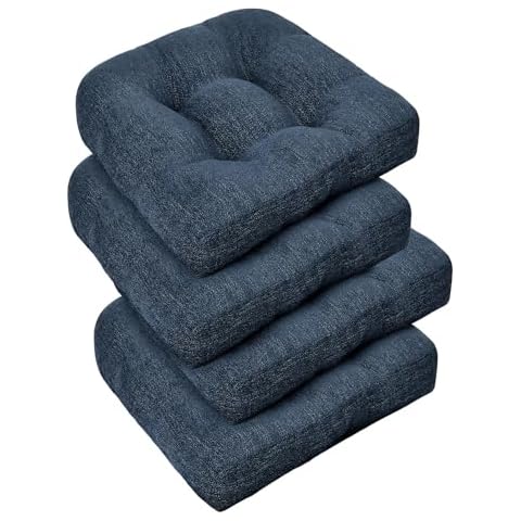 downluxe Chair Cushions for Dining Chairs 4 Pack, Tufted Memory Foam Chair Pads with Non-Slip Bottom, U-Shaped Kitchen Chair Cushions, 17"x17"x4", Navy Cover