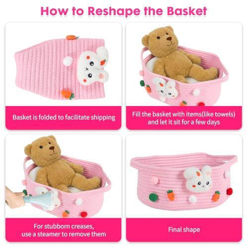 Miniatura 7 de Powerking Cesta De Pascua Tejida Pequeña Con Bolsas De Regalo Y Cintas, Bonita Cesta De Conejo Para Decoración Del Hogar, Estante De Cuerda De Algodón, Organizador Con Asas Rosa
