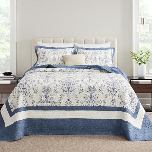 CozyStitch Oversized California King Bedspread - 100% Cotton Lightweight Quilted Coverlet - Soft Reversible Bedding, Medallion Floral Design - Includes 1 Bedspread (128x120)+2 Pillow Shams Blue/White